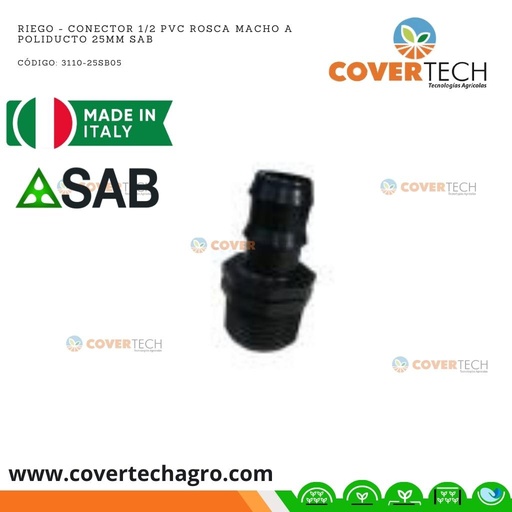 [3110-25SB05]  Riego - Conector PVC 1/2"  rosca macho a poliducto 25mm (3/4") SAB Italia