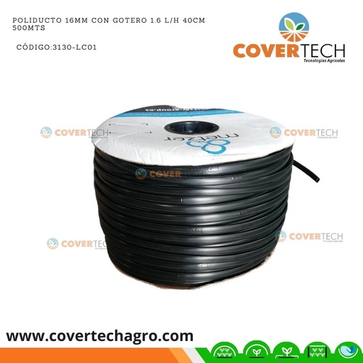 [3130-LC01] Riego - poliducto 16mm (3/8") con gotero 1.6 l/h 40cm 500mts