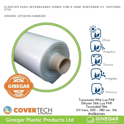 [10712150-3.8GR100]  Plastico p. invernadero 150Mic (6milesimas) 3.8m x 100m. Termico AV  Difuso C712