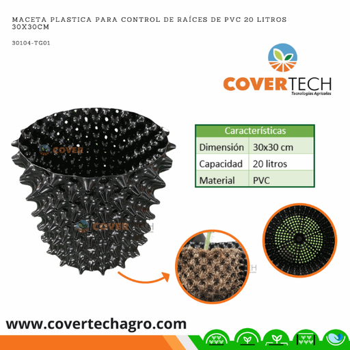 [30104-TG01] Maceta plastica para control de raíces de PVC 20 Litros 30x30cm
