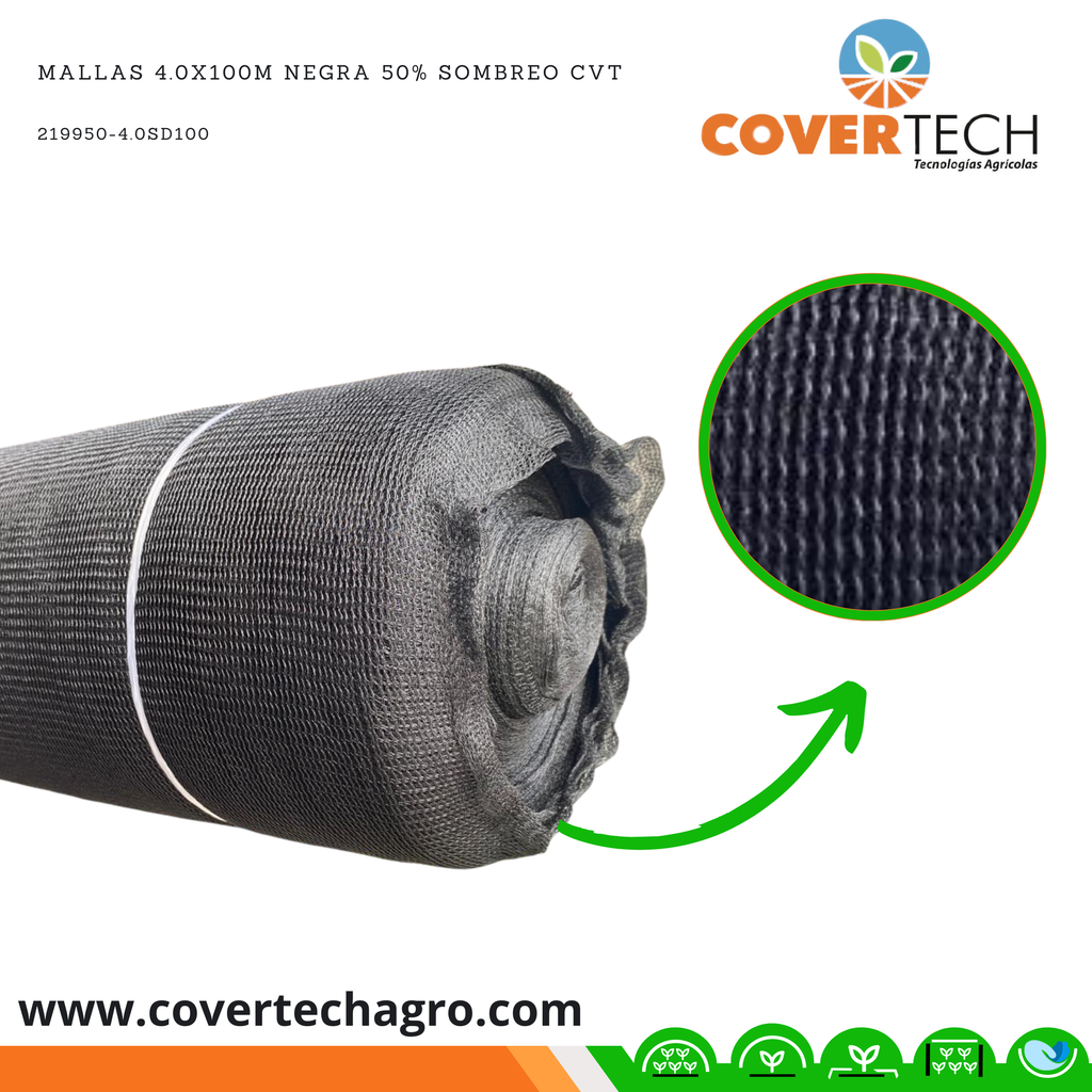 Mallas 4.0x100m Negra 50% Sombreo Mono-anudada CVT | Covertech