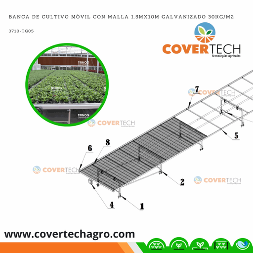 [3710-TG05] Banca de cultivo móvil con malla 1.5mx10m galvanizado 30kg/m2