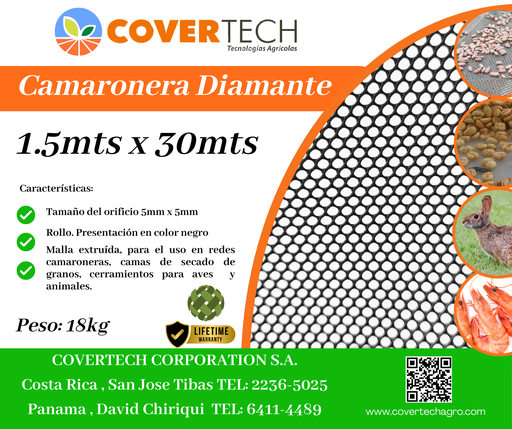 [23116-1.5TV25] Malla Camaronera/Cafetera 7x7mm - 1.5x25mts Extra Fuerte Negra