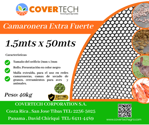 [23118-1.5TV50] Malla Camaronera 7x7mm - 1.5x50mts Extra Fuerte Negra