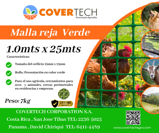 [23115-1.0TV25] Malla Reja para cerramiento - 1.0x25mts 15x15mm extruída Verde