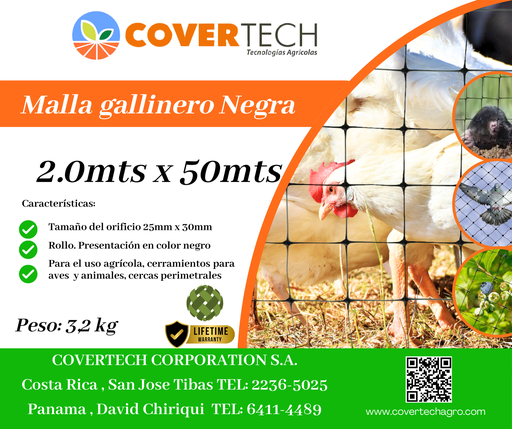 [23120-2.0TV50] Malla Gallinero para cerramiento - 2.0x50mts 25x30mm extruída Negra