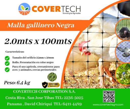 [23121-2.0TV100] Malla Gallinero para cerramiento - 2.0x100mts 25x30mm extruída Negra