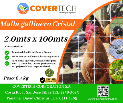 [23123-2.0TV100] Malla Gallinero para cerramiento - 2.0x100mts 25x30mm extruída Cristal