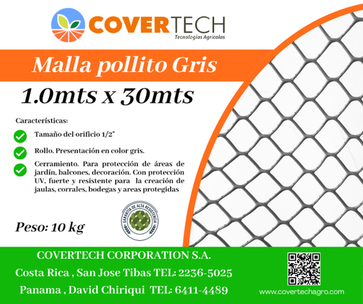 [23126-1.0TV30] Malla Pollito para cerramiento - 1.0x30mts 1 1/2¨ extruída Gris