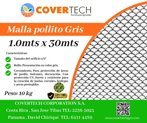 [23126-1.0TV30] Malla Pollito para cerramiento - 1.0x30mts 1/2¨ extruída Gris
