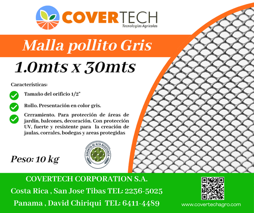 [23126-1.0TV30] Malla Pollito para cerramiento - 1.0x30mts 1/2¨ extruída Gris
