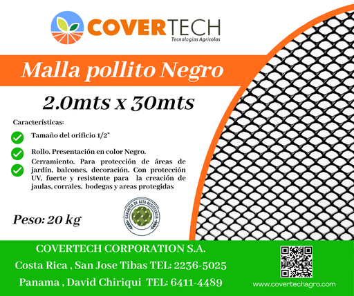 [23127-2.0TV30] Malla Pollito para cerramiento - 2.0x30mts 1/2¨ extruída Negra